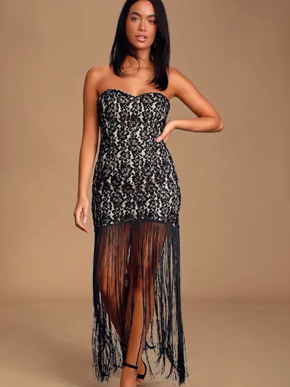 Lulu's Black Lace Strapless Fringe Midi Dress